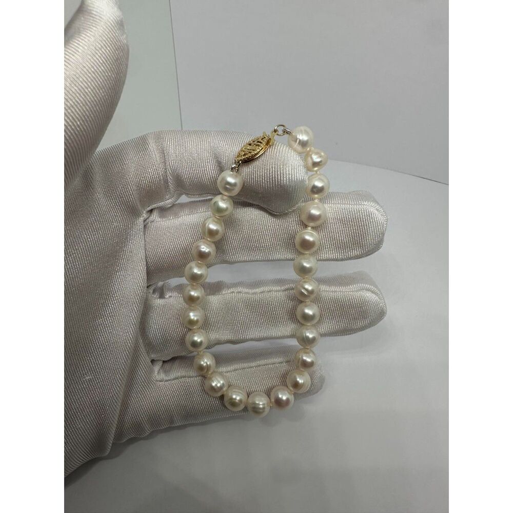 14k Yellow Gold 8mm Round White Saltwater Akoya Cultured Pearl Bracelet 7in